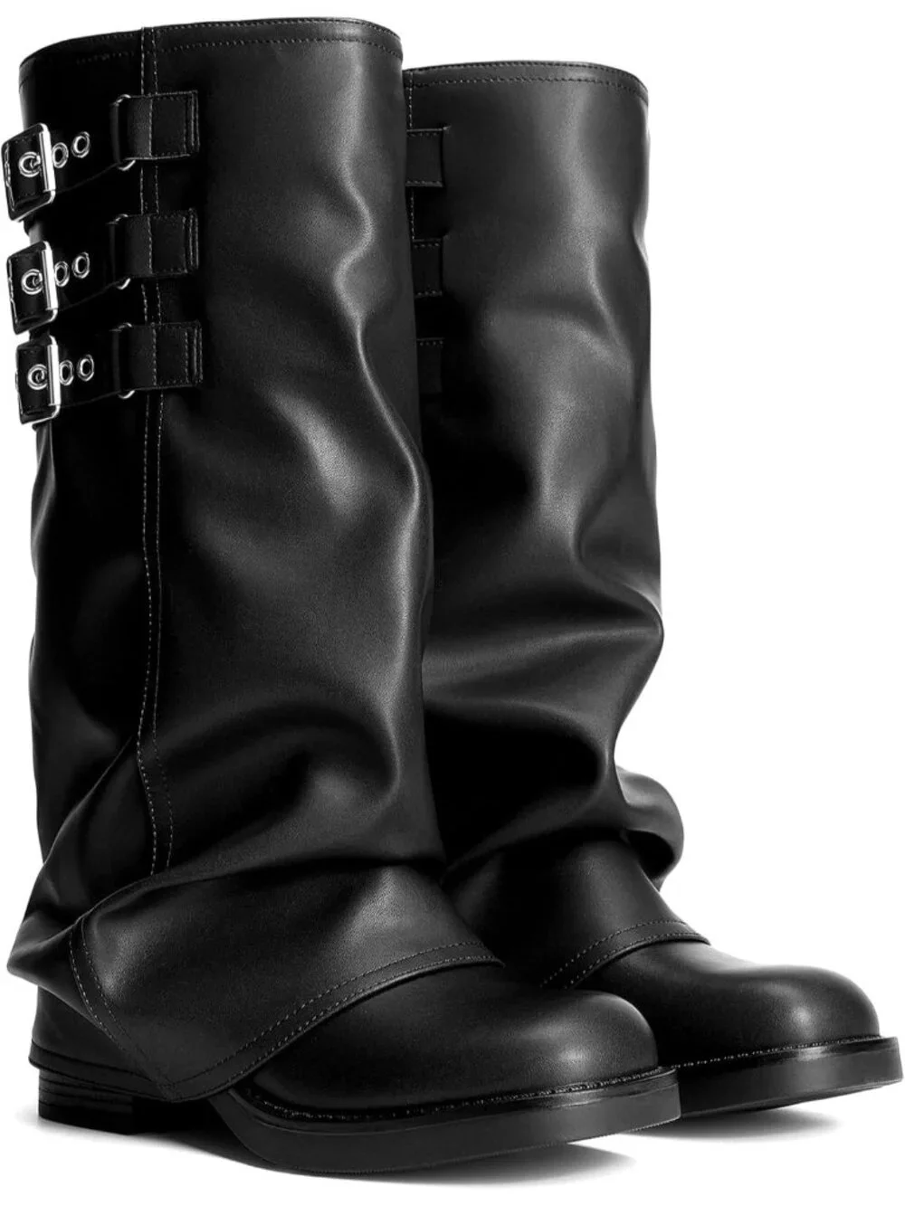 Women's Black Fashion Adjustable Buckle Low Chunky Heel Comfort Slouchy Boots